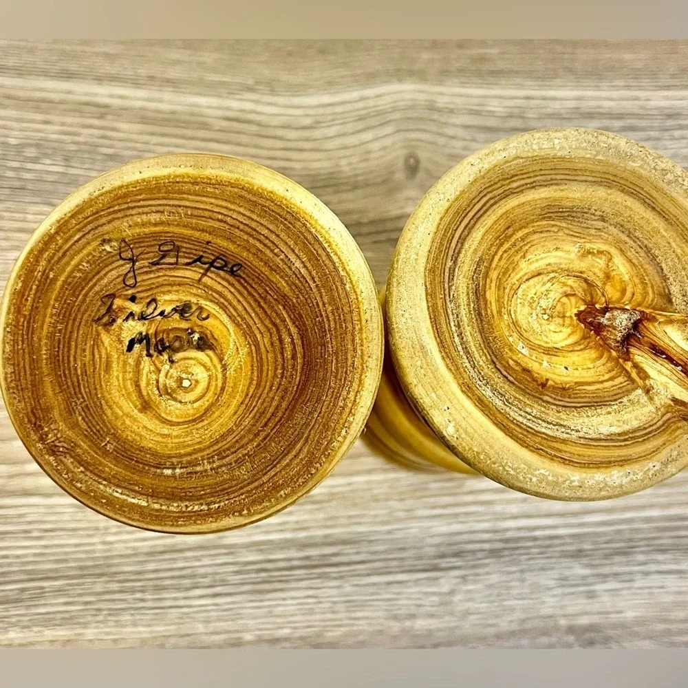 MCM Hand Turned Silver Maple Candle Pair of Holders Signed by Artist